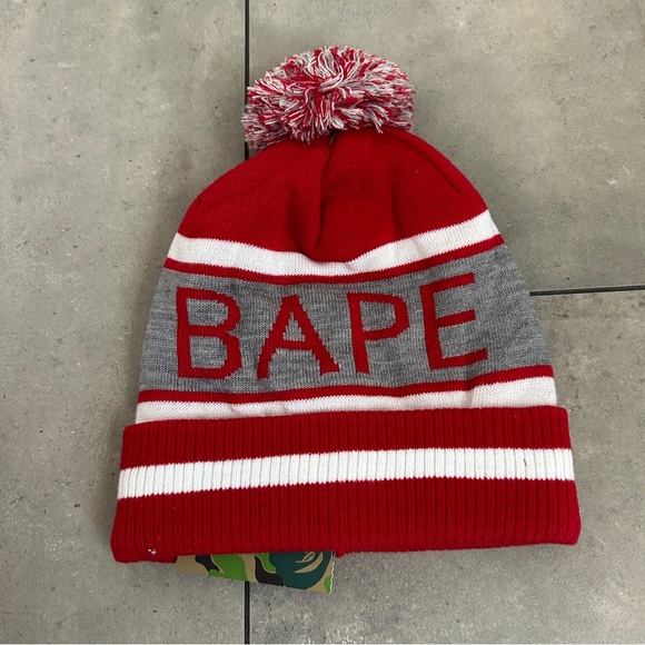 Bape Other - NEW Bape Pom Pom knit snow hat red gray
